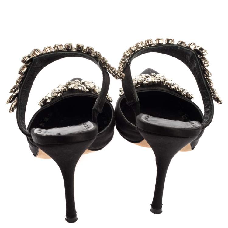 Pre Owned Manolo Blahnik Black Satin Crystal Embellished Mule Sandals Size 36