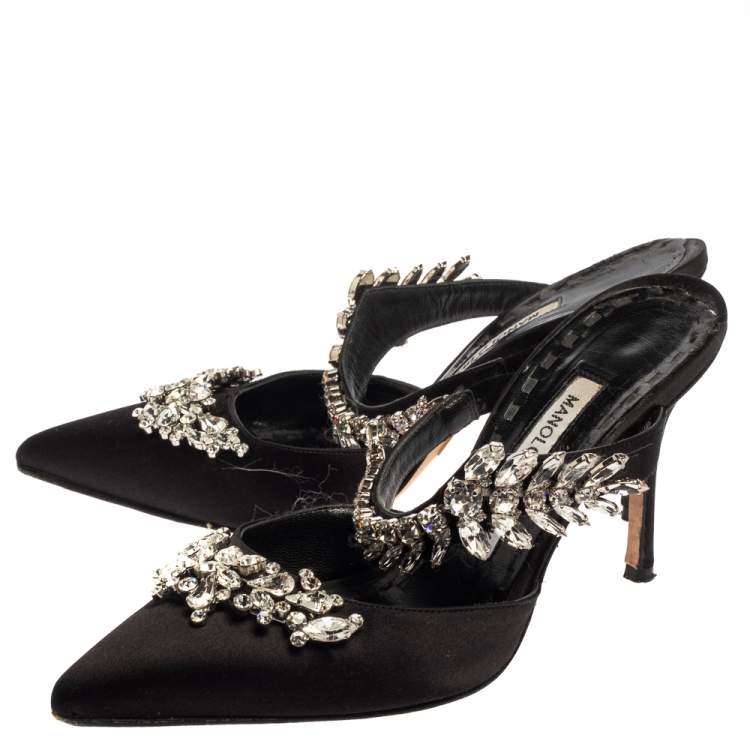 Pre Owned Manolo Blahnik Black Satin Crystal Embellished Mule Sandals Size 36