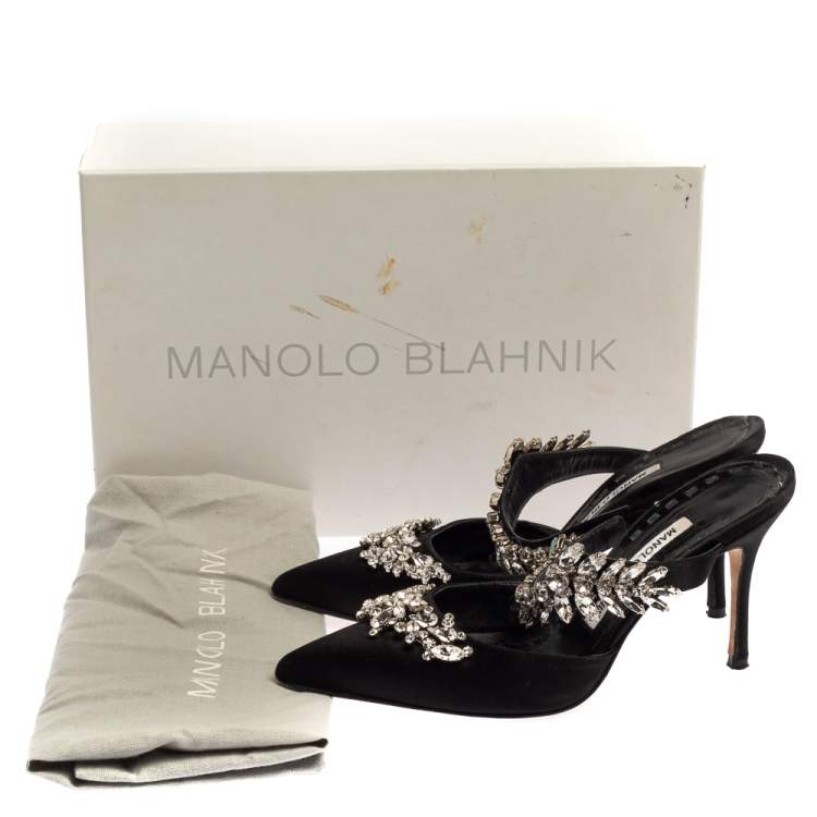 Pre Owned Manolo Blahnik Black Satin Crystal Embellished Mule Sandals Size 36