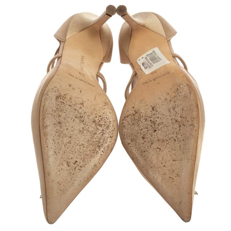 Pre Owned Manolo Blahnik Beige Satin Lala Crystal-Embellished Pumps Size 36
