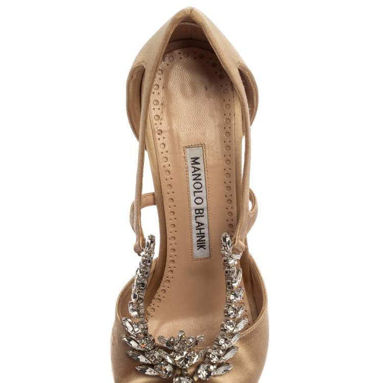 Pre Owned Manolo Blahnik Beige Satin Lala Crystal-Embellished Pumps Size 36