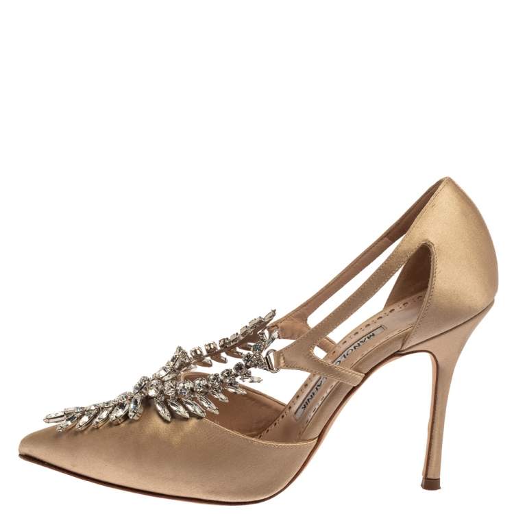 Pre Owned Manolo Blahnik Beige Satin Lala Crystal-Embellished Pumps Size 36