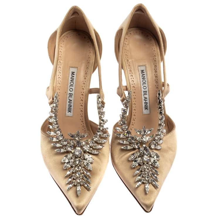 Pre Owned Manolo Blahnik Beige Satin Lala Crystal-Embellished Pumps Size 36