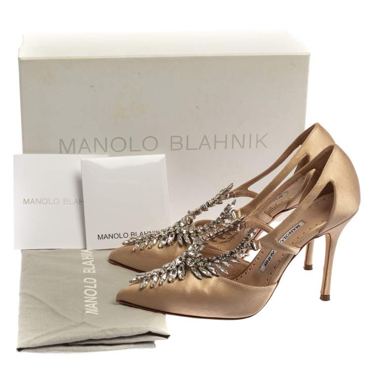 Pre Owned Manolo Blahnik Beige Satin Lala Crystal-Embellished Pumps Size 36