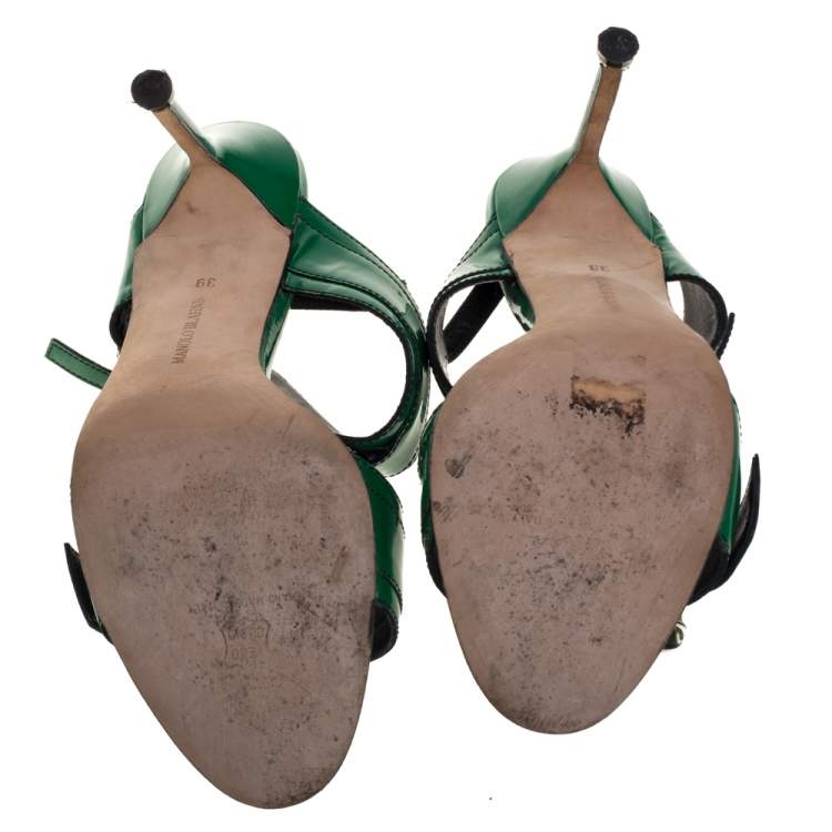 Pre Owned Manolo Blahnik Green Patent Leather Open Toe Ankle Strap Sandals Size 39