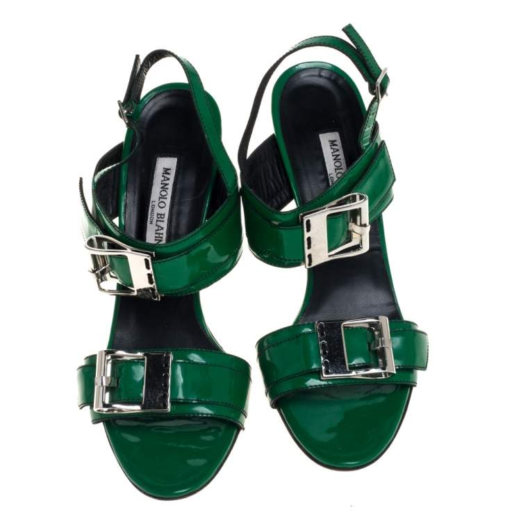 Pre Owned Manolo Blahnik Green Patent Leather Open Toe Ankle Strap Sandals Size 39