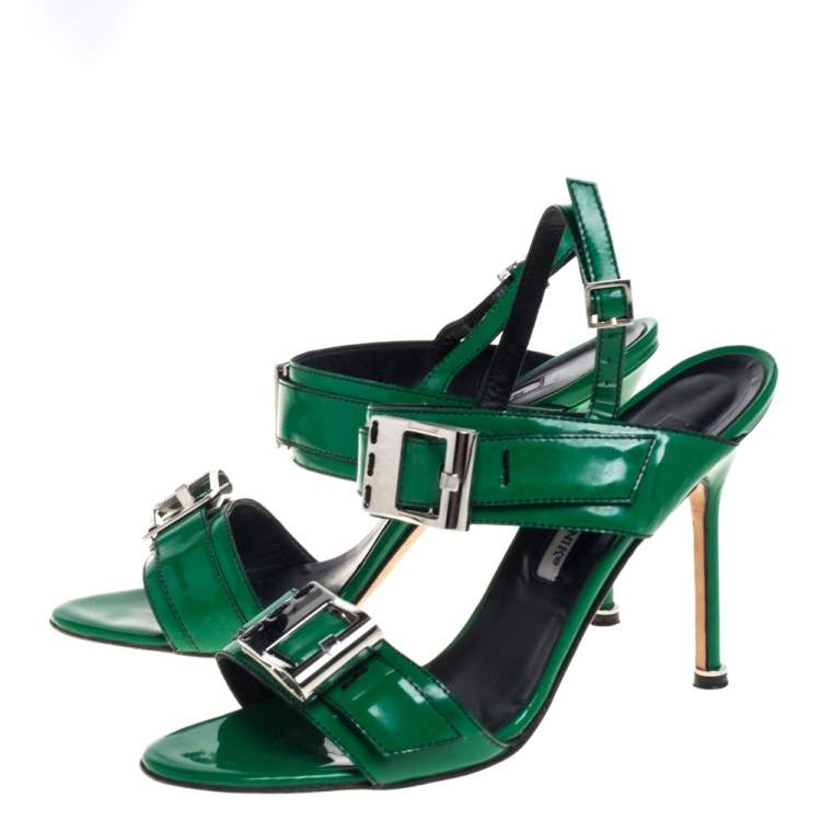 Pre Owned Manolo Blahnik Green Patent Leather Open Toe Ankle Strap Sandals Size 39