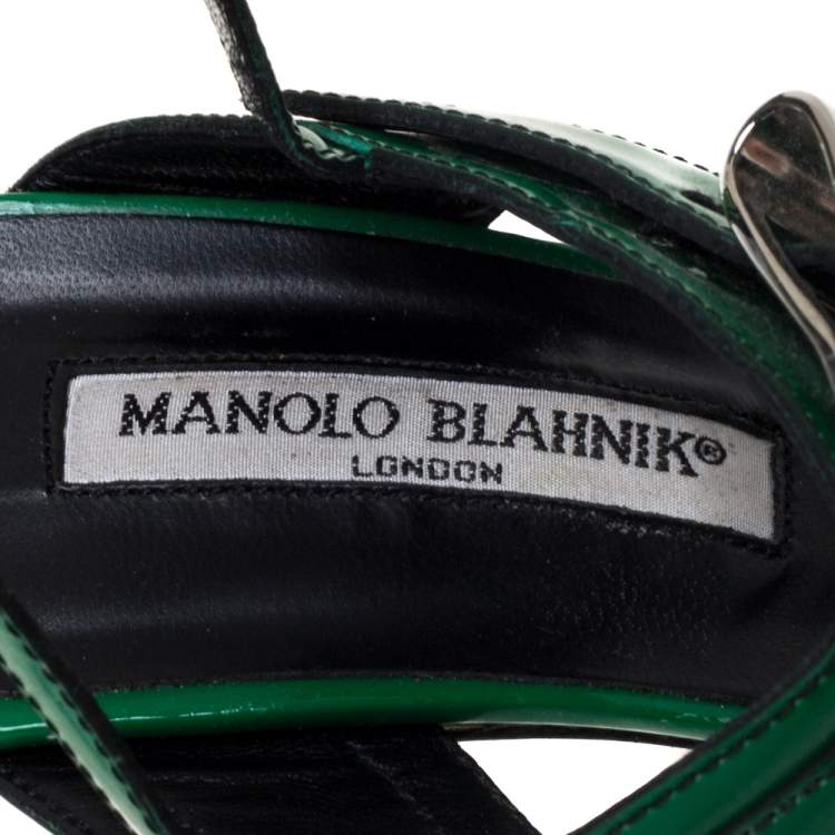 Pre Owned Manolo Blahnik Green Patent Leather Open Toe Ankle Strap Sandals Size 39