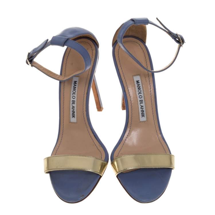 مملوكة مسبقًا Manolo Blahnik Blue/Gold Leather Ankle Strap Sandals Size 37