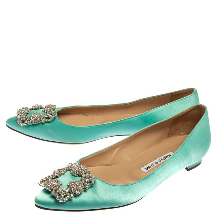 Pre Owned Manolo Blahnik Aqua Green Satin Hangisi Pointed Toe Flats Size 38