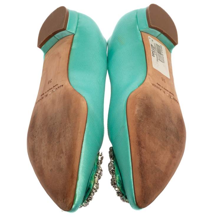 Pre Owned Manolo Blahnik Aqua Green Satin Hangisi Pointed Toe Flats Size 38