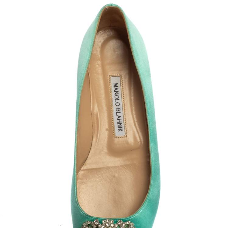 Pre Owned Manolo Blahnik Aqua Green Satin Hangisi Pointed Toe Flats Size 38