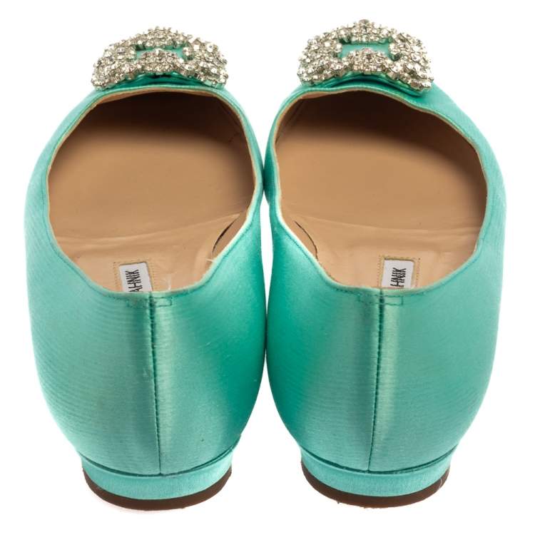Pre Owned Manolo Blahnik Aqua Green Satin Hangisi Pointed Toe Flats Size 38