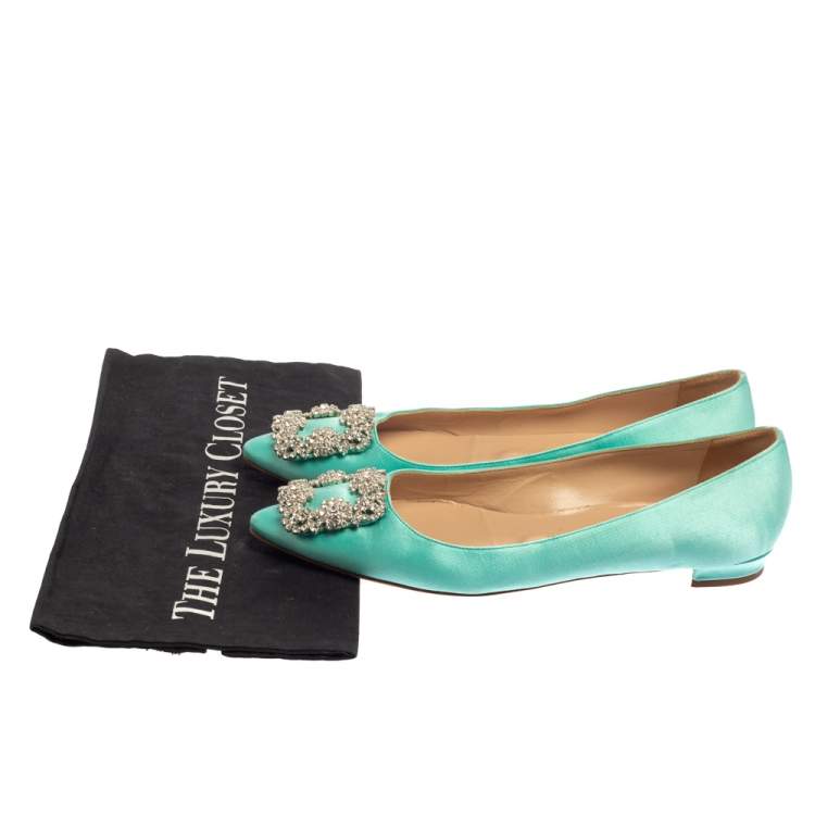 Pre Owned Manolo Blahnik Aqua Green Satin Hangisi Pointed Toe Flats Size 38