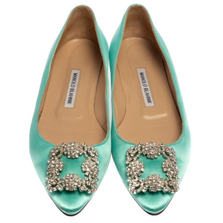 Pre Owned Manolo Blahnik Aqua Green Satin Hangisi Pointed Toe Flats Size 38