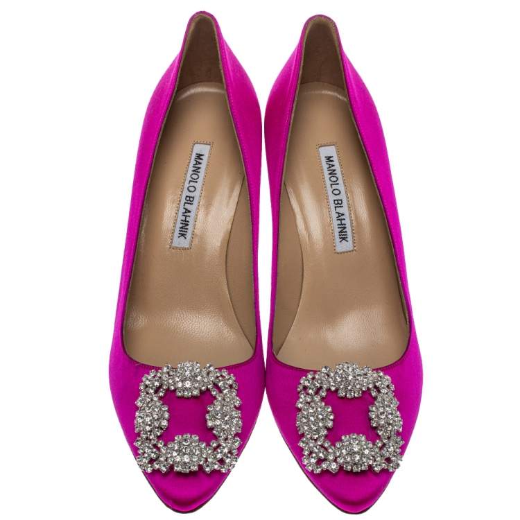 Pre Owned Manolo Blahnik Pink Satin Hangisi Pointed Toe Pumps Size 37.5