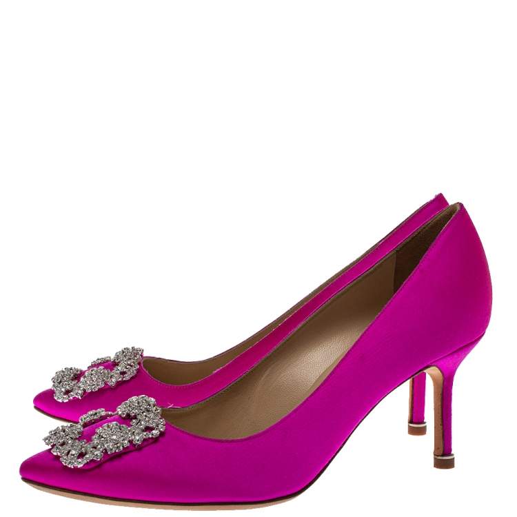 Pre Owned Manolo Blahnik Pink Satin Hangisi Pointed Toe Pumps Size 37.5