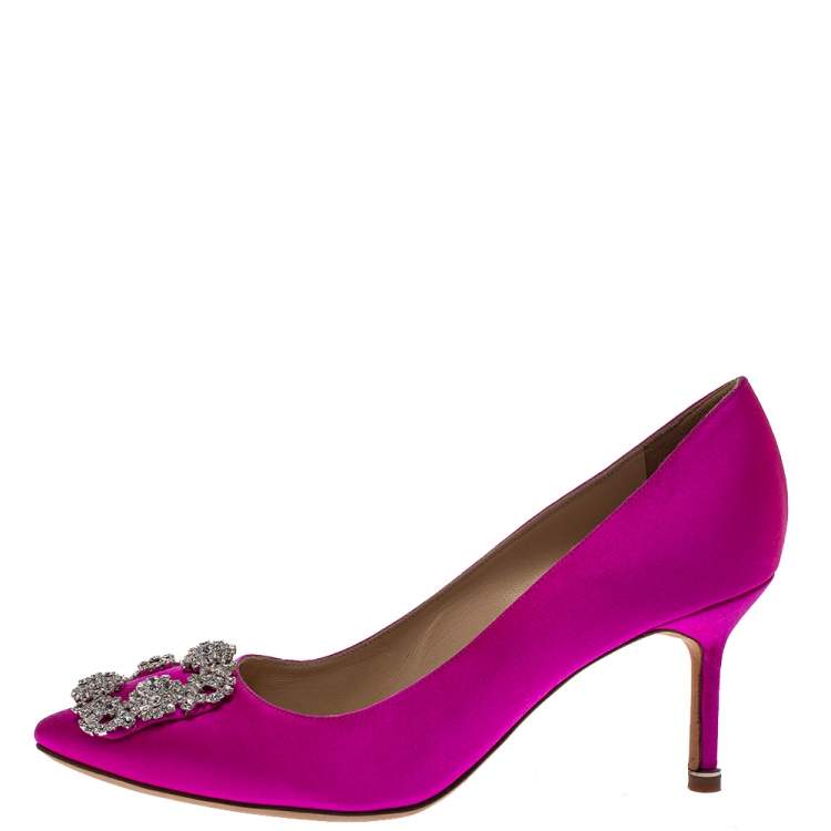 Pre Owned Manolo Blahnik Pink Satin Hangisi Pointed Toe Pumps Size 37.5