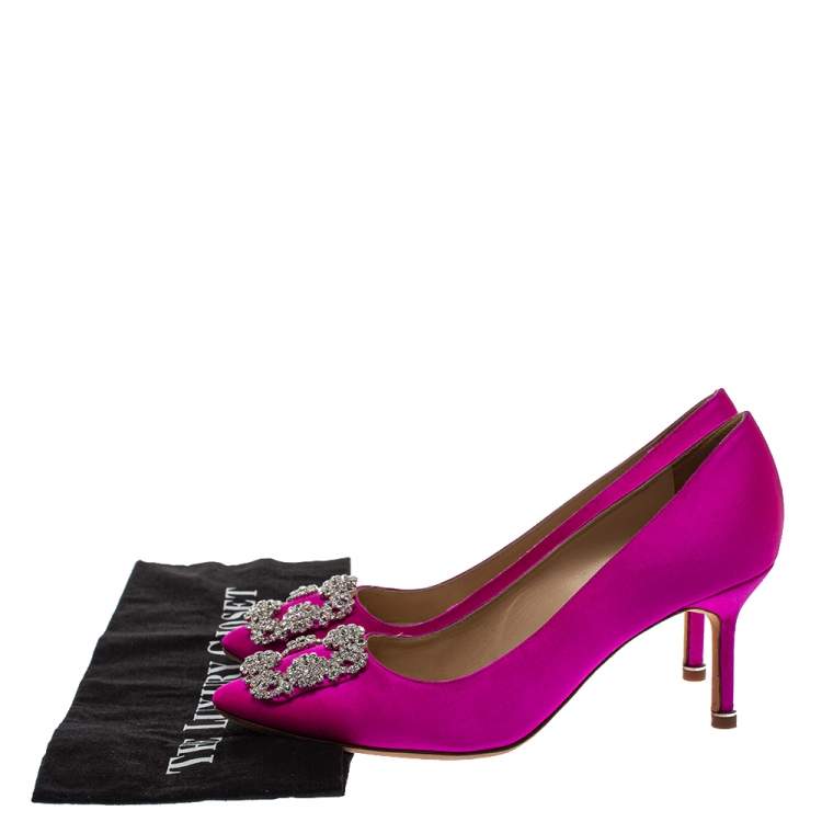 Pre Owned Manolo Blahnik Pink Satin Hangisi Pointed Toe Pumps Size 37.5