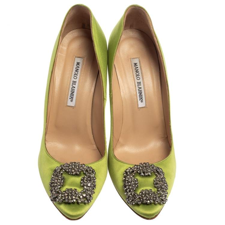 Pre Owned Manolo Blahnik Green Satin Hangisi  Pumps Size 39.5