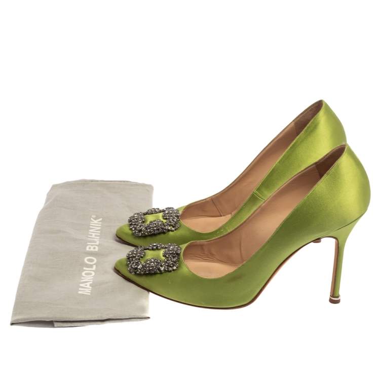 Pre Owned Manolo Blahnik Green Satin Hangisi  Pumps Size 39.5