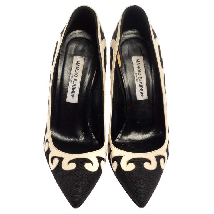 Pre Owned Manolo Blahnik Black/White Leather And Canvas  Pumps Size 39.5