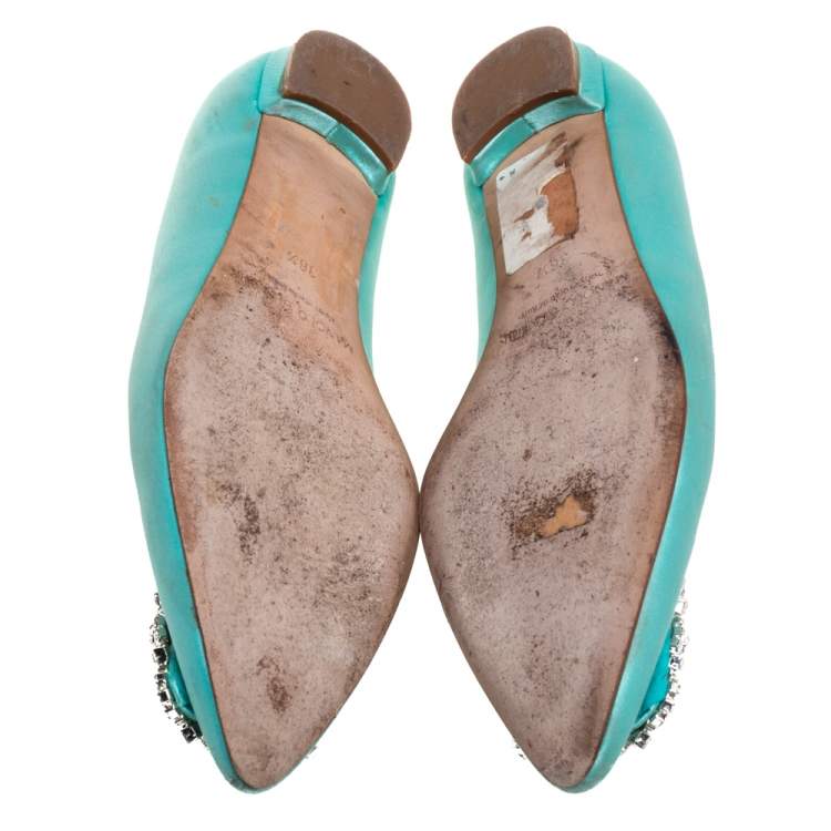 Pre Owned Manolo Blahnik Blue Satin Hangisi Flats Size 36.5