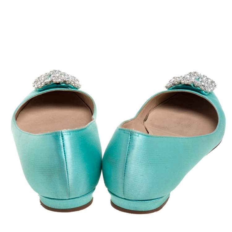 Pre Owned Manolo Blahnik Blue Satin Hangisi Flats Size 36.5