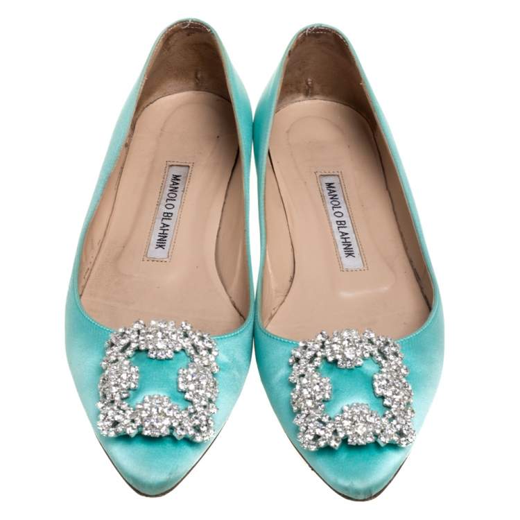 Pre Owned Manolo Blahnik Blue Satin Hangisi Flats Size 36.5