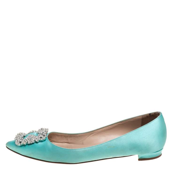 Pre Owned Manolo Blahnik Blue Satin Hangisi Flats Size 36.5