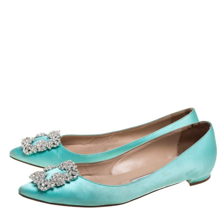 Pre Owned Manolo Blahnik Blue Satin Hangisi Flats Size 36.5