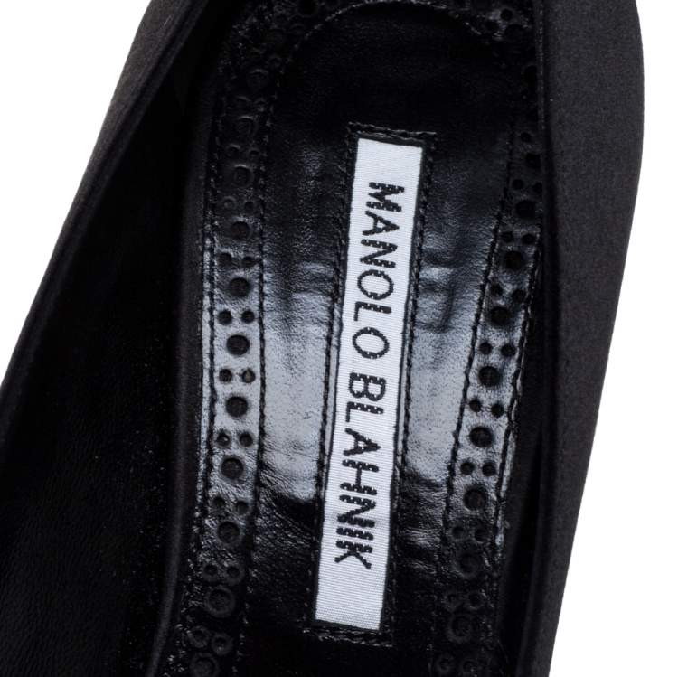 Pre Owned Manolo Blahnik Black Satin Matik Crystal Embellished Peep Toe Pumps Size 36.5
