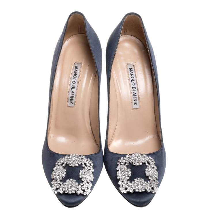 Pre Owned Manolo Blahnik Grey Satin Hangisi Pumps Size 38