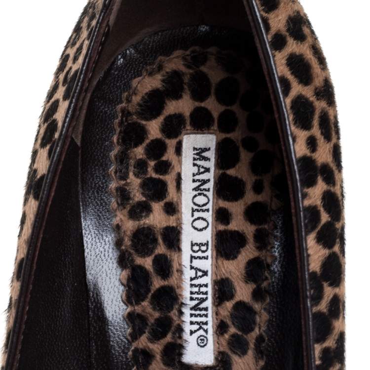 Pre Owned Manolo Blahnik Black/Beige Leopard Print Calf Hair Pumps Size 39.5