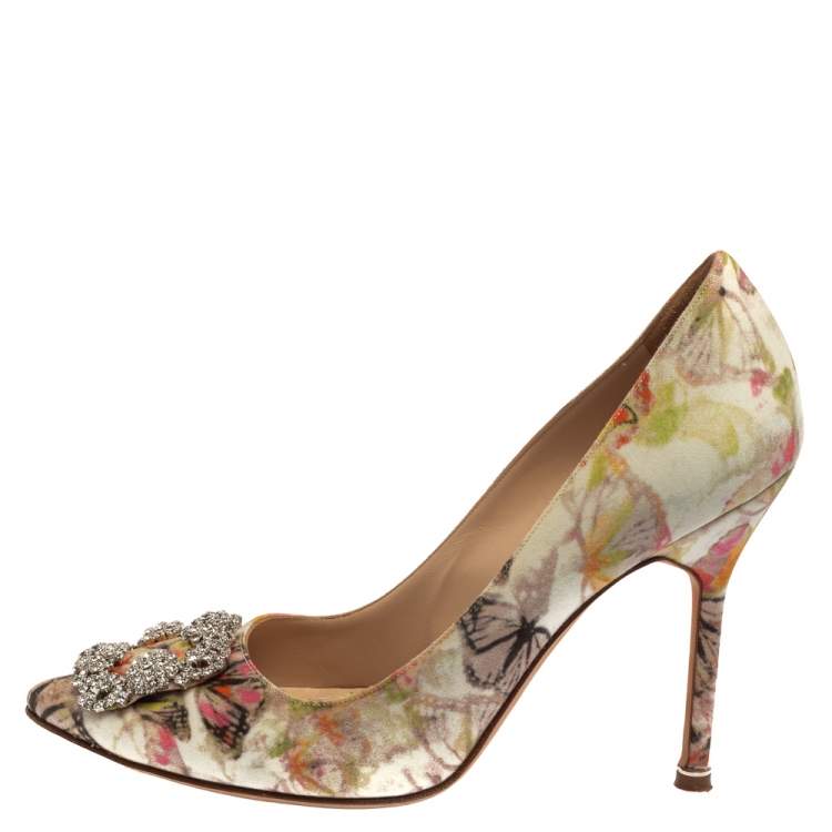 Pre Owned Manolo Blahnik Multicolor Butterfly Print Fabric Hangisi Pointed Toe Pumps Size 39
