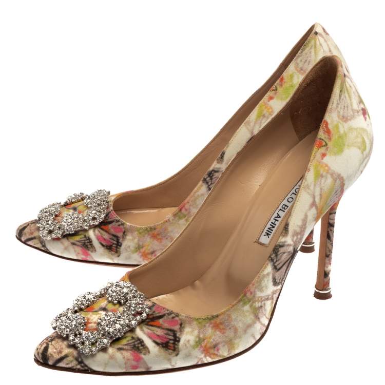Pre Owned Manolo Blahnik Multicolor Butterfly Print Fabric Hangisi Pointed Toe Pumps Size 39