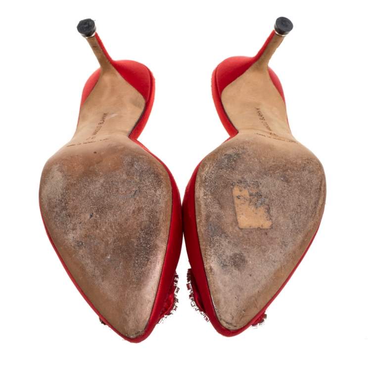 Pre Owned Manolo Blahnik Red Satin Hangisi Embellished Mules Size 37