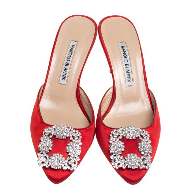 Pre Owned Manolo Blahnik Red Satin Hangisi Embellished Mules Size 37