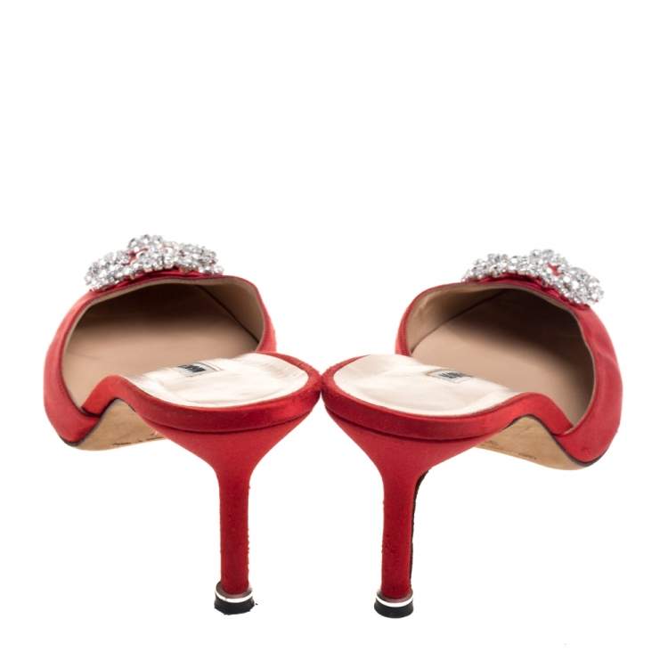 Pre Owned Manolo Blahnik Red Satin Hangisi Embellished Mules Size 37