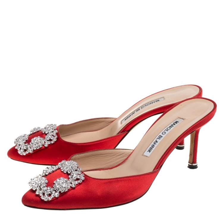 Pre Owned Manolo Blahnik Red Satin Hangisi Embellished Mules Size 37
