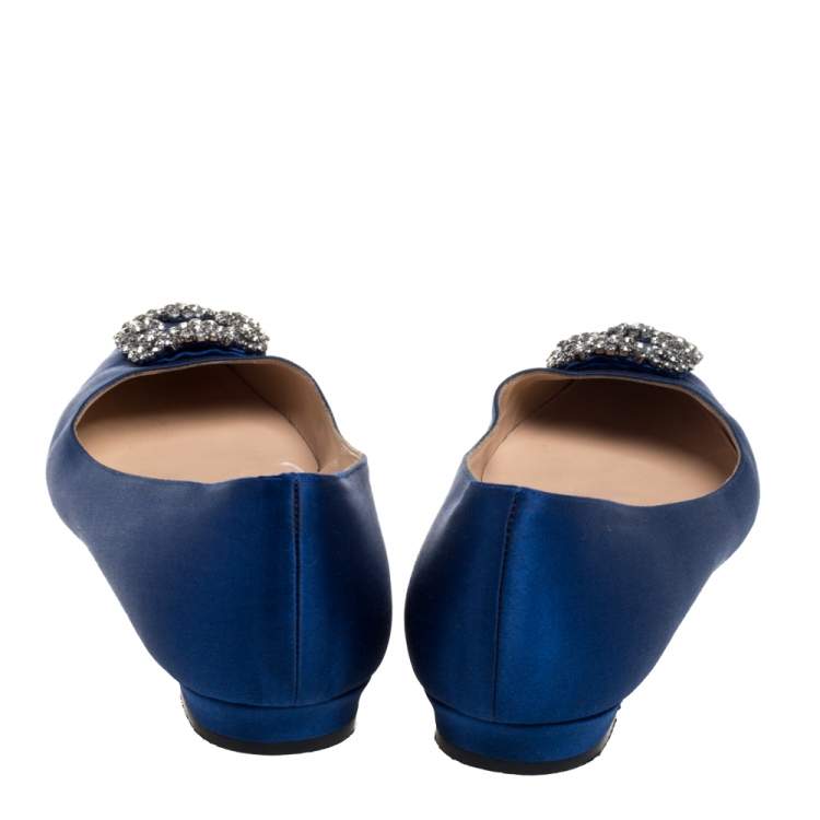 Pre Owned Manolo Blahnik Blue Satin Hangisi Embellished Ballet Flats Size 40.5