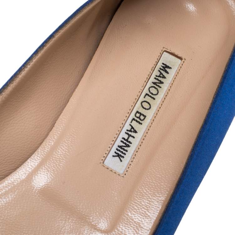 Pre Owned Manolo Blahnik Blue Satin Hangisi Embellished Ballet Flats Size 40.5