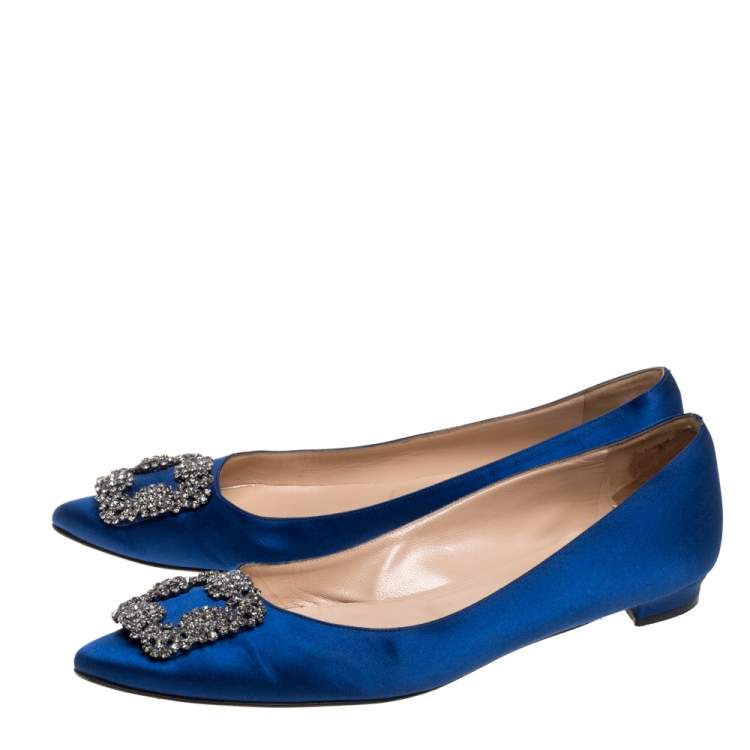 Pre Owned Manolo Blahnik Blue Satin Hangisi Embellished Ballet Flats Size 40.5