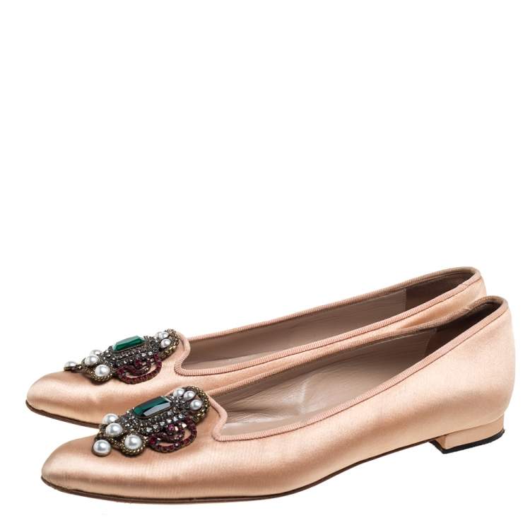 Pre Owned Manolo Blahnik Beige Satin Hangisi Crystal Embellished Ballet Flats Size 35