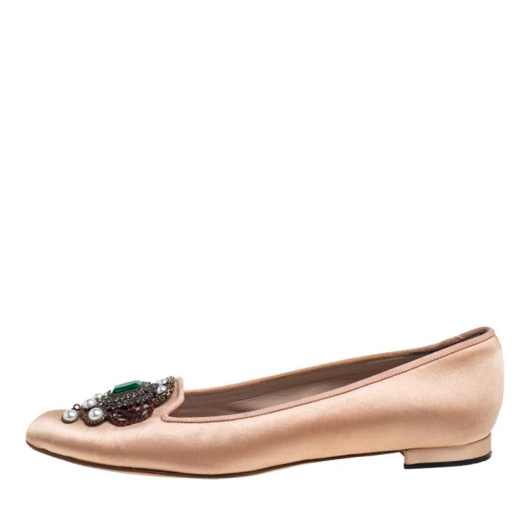 Pre Owned Manolo Blahnik Beige Satin Hangisi Crystal Embellished Ballet Flats Size 35