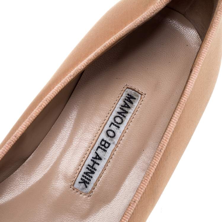 Pre Owned Manolo Blahnik Beige Satin Hangisi Crystal Embellished Ballet Flats Size 35