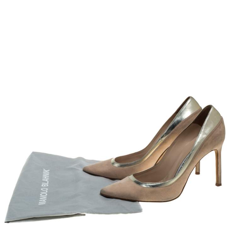 Pre Owned Manolo Blahnik Beige Suede and Leather Pointed Toe Pumps Size 36