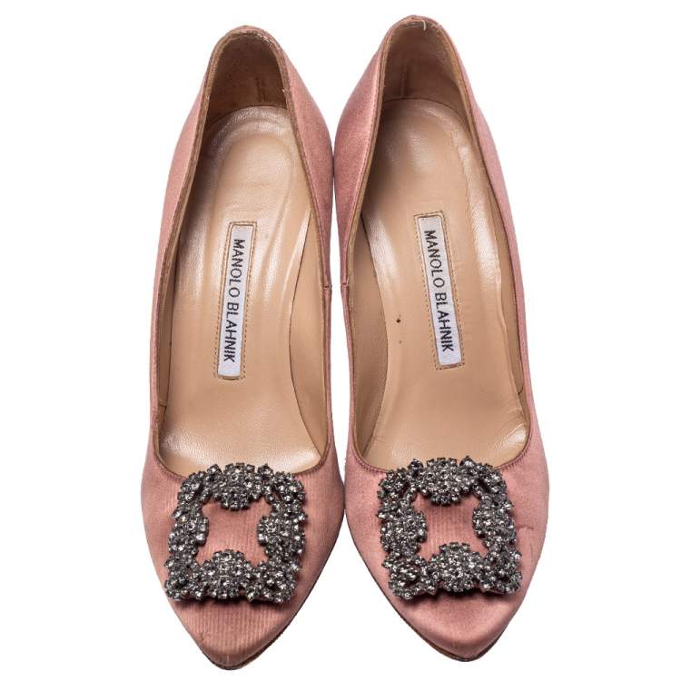 Pre Owned Manolo Blahnik Pink Satin Hangisi Crystal Embellished Pointed Toe Pumps Size 37