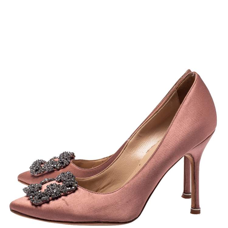 Pre Owned Manolo Blahnik Pink Satin Hangisi Crystal Embellished Pointed Toe Pumps Size 37