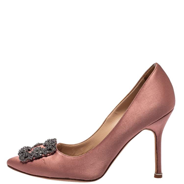 Pre Owned Manolo Blahnik Pink Satin Hangisi Crystal Embellished Pointed Toe Pumps Size 37